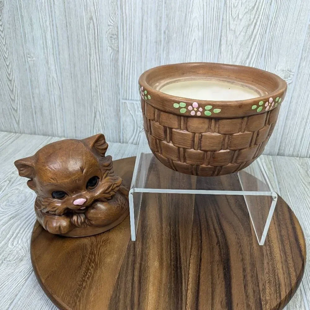 Vintage Twin Winton California Pottery Brown Cat Kitten In Basket Cookie Jar